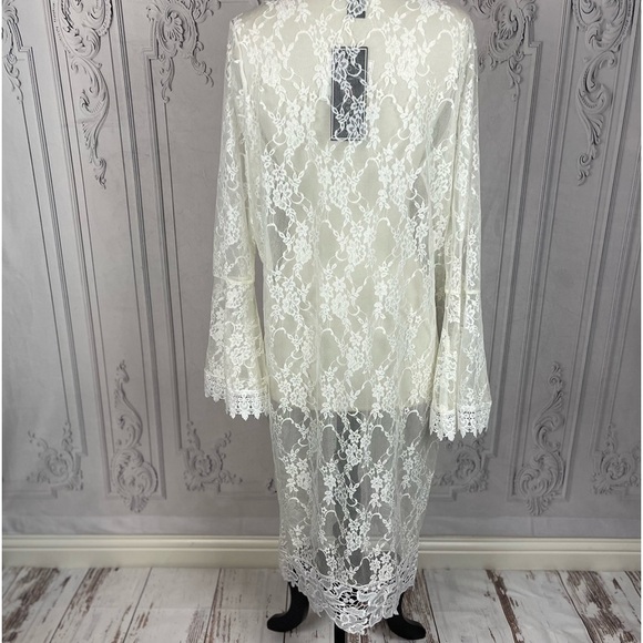 White Lace Kimono Duster Cardigan Coverup - Picture 5 of 9